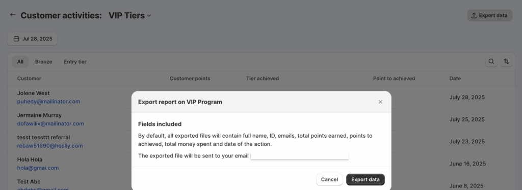 VIP Tiers export data