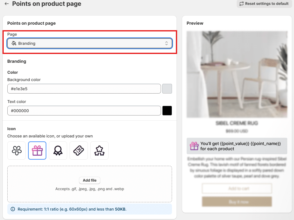Points on Product page colors