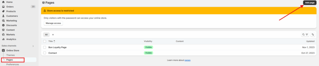 Online store > Pages