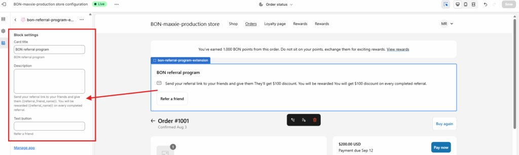 Edit content of the referral-program-extension on the Order status page