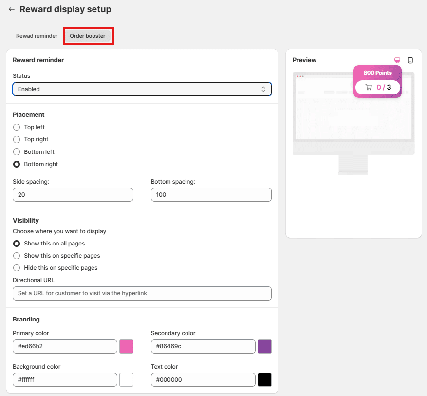 Order booster pop-up set up