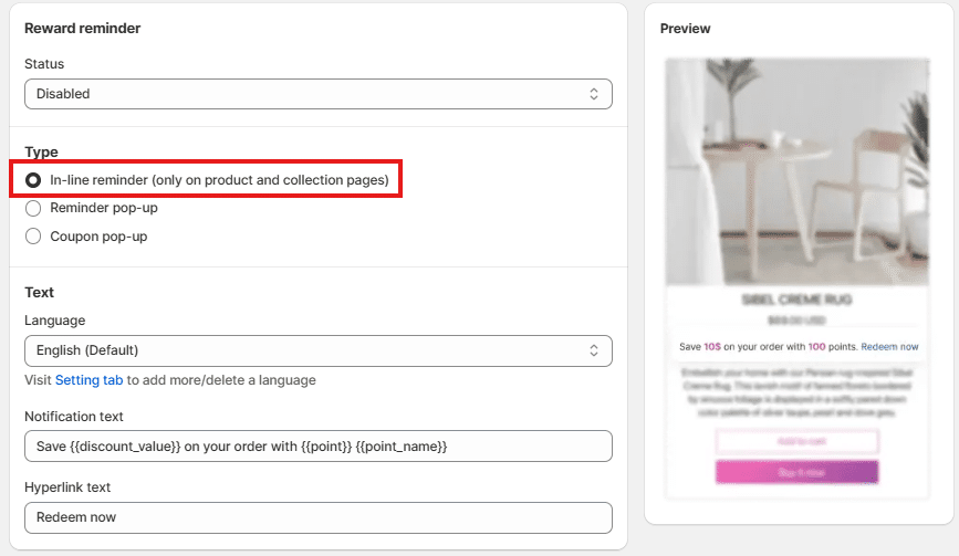 Customize In-line reminder