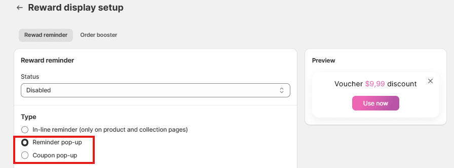 Reward display setup