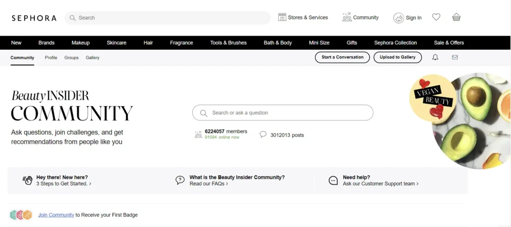 A screenshot from the Homepage of Sephora Beauty Insider Community