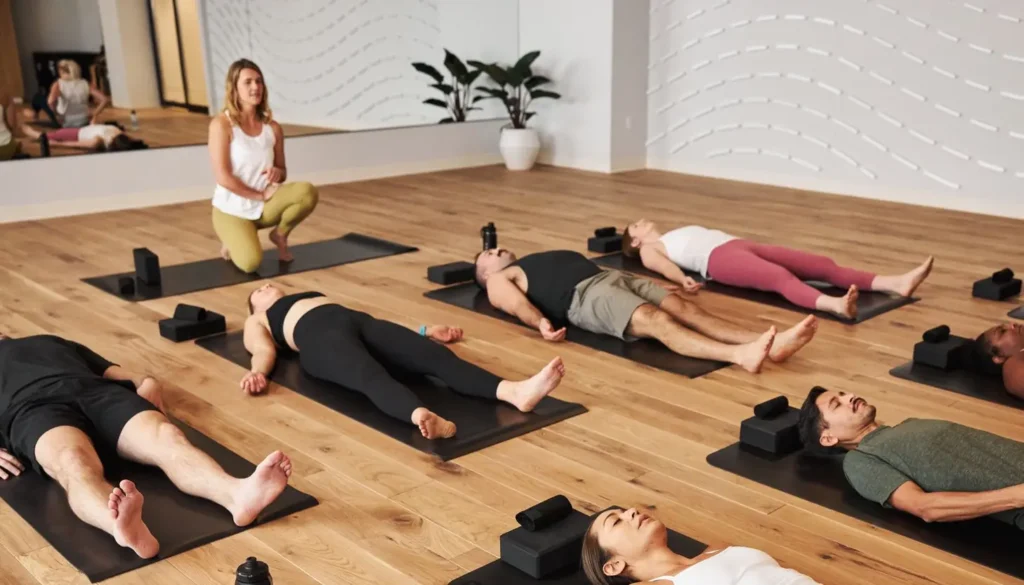A yoga class held by Lululemon’s influence teacher while using Lululemon products