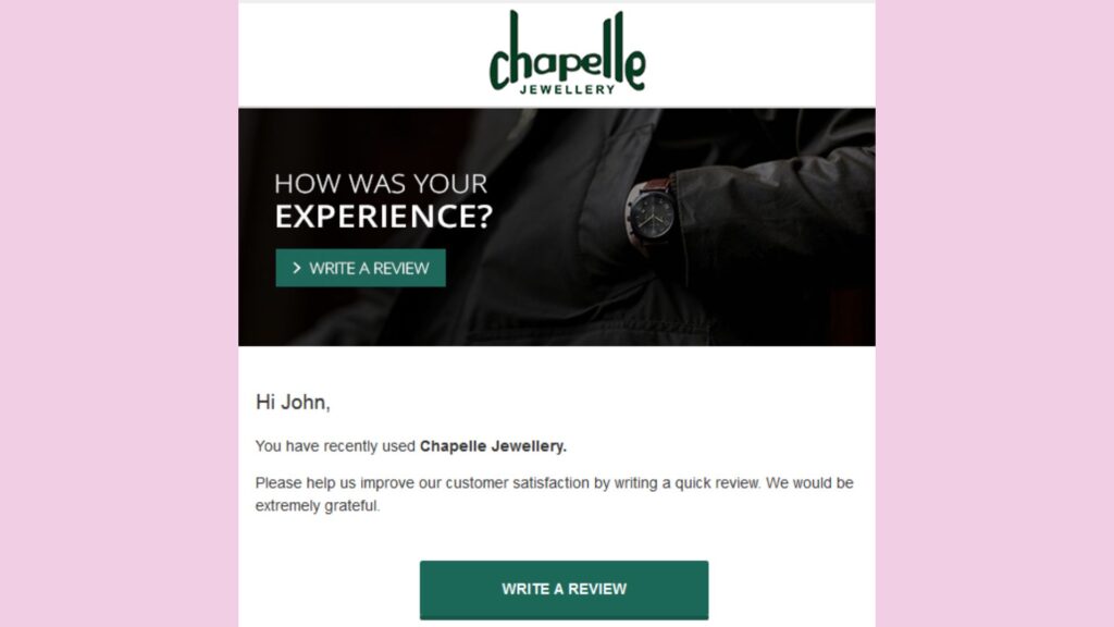 Chapelle Jewellery’s email personalized customer reviews request.