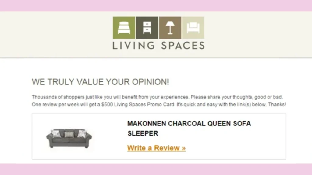 Living Spaces’s email contest for customer reviews.