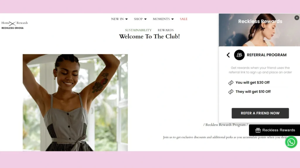Reckless Ericka’s referral program popup widget (Powered by BON Loyalty).