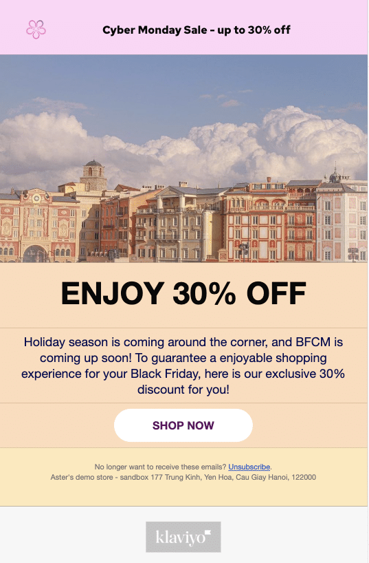 A customized email created in Klaviyo