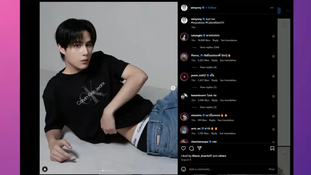 Influencer Win Ynny’s post on Instagram with hashtag #MyCalvins.