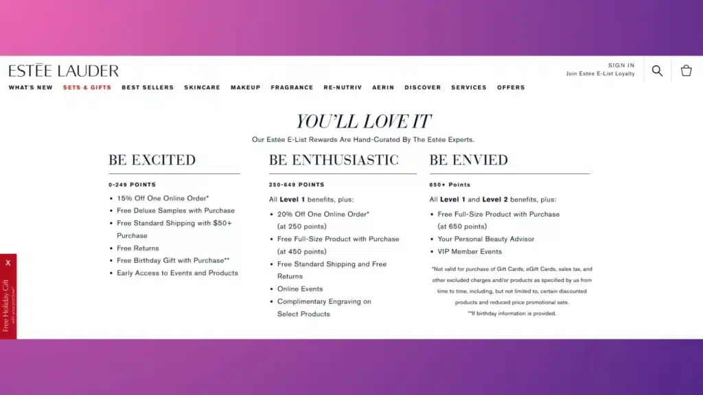 Lancôme loyalty program’s membership tiers.