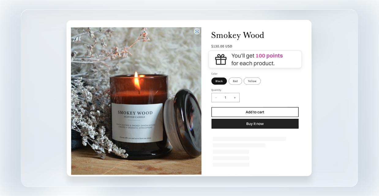 Product page showing loyalty points earned for purchase, displaying 100 reward points on a scented candle product.