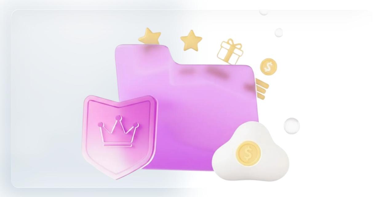 3D isometric illustration of a purple glass folder containing loyalty cards with stars, gift boxes, and coins, featuring a crown shield icon on a clean white background.