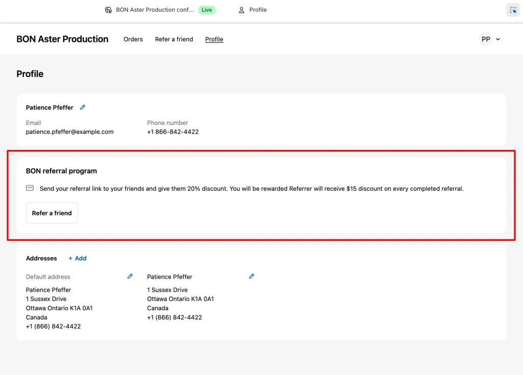 Referral program extension on customer account page - BON Loyalty
